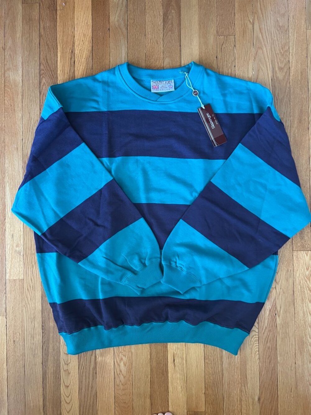 NWT Vintage Slazenger Men's cotton striped Rugby Golf sweatshirt Blue Teal XXL